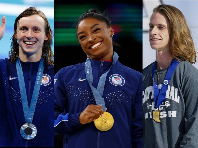 Katie Ledecky, Simone Biles and Cole Hocker (AP Photo)